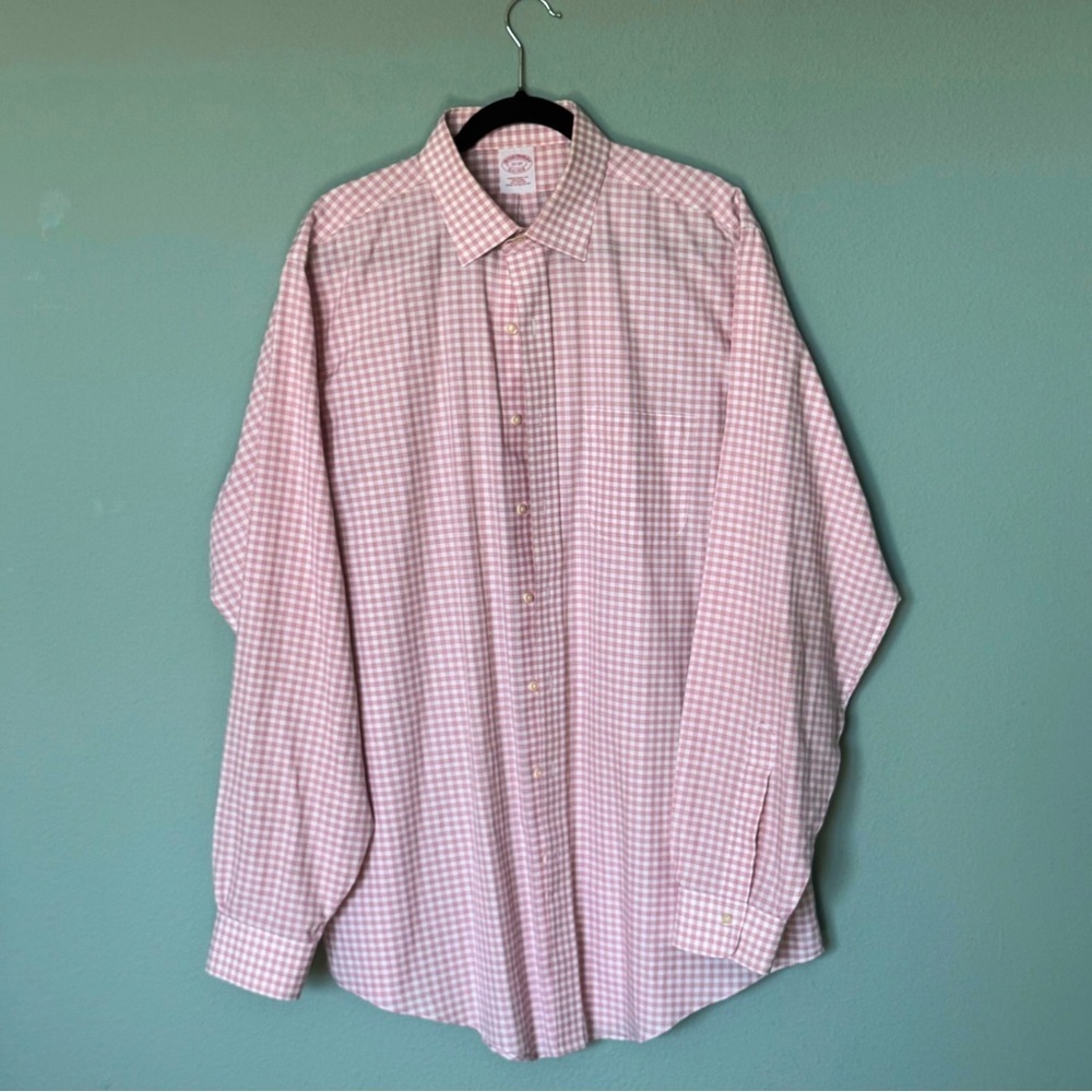 BROOKS BROTHERS Men’s Non-Iron Pink White Gingham Check Button-Down Shirt - Picture 4 of 7